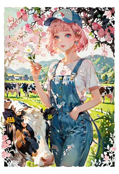 (((paper cutting style))), 1 girl, short pink hair, cap, denim overall, Dairy cow, portfolio