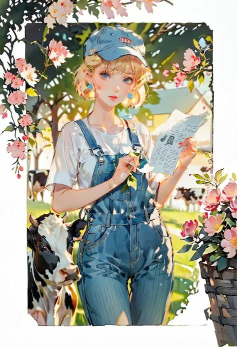 (((paper cutting style))), 1 girl, short blond hair, cap, denim overall, Dairy cow, portfolio