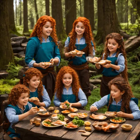 Merida is eating fish with her three brothers who have become bears