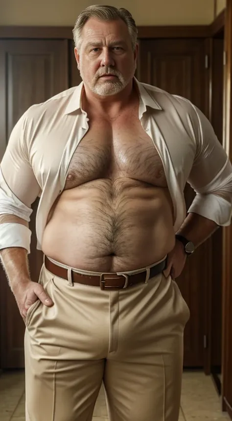 (best quality,4k,8k,highres,masterpiece:1.2), age 60, white man detective , horny disgusting, muscular chubby, kind, open shirt, mature daddy, Dress Pants with big hard bulge, hairy chest hard nipple, belt, loafer,