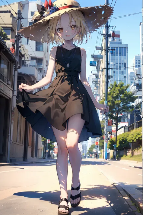 (annakyouyama, anna kyouyama, Blonde Hair, short hair, (Brown eyes:1.7),happy smile, smile, Open your mouth,Big straw hat,Black sleeveless dress,Long skirt,Cute Sandals,Daytime,Clear skies,Walking,
壊す looking at viewer, whole body,
Destroy outdoors, Buildi...