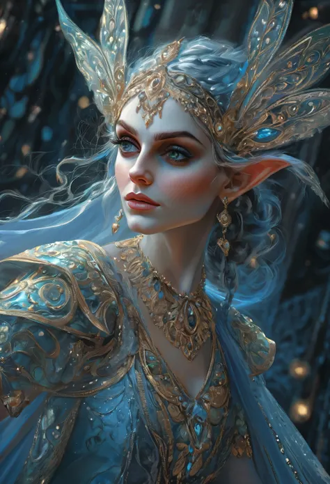 masterpiece, best quality, super fine image, 32K, perfect facial features, hyperrealistic, beautiful intricate details, hyperrealistic, a degnified beautiful elegance Elf dancer, beautiful detailed decorated dynamic pose, mystical detailed facial features,...