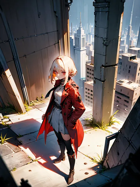 Female, shoulder-length platinum blonde hair, scarlet eyes, trench coat, skirt, knee-high boots, backpack, abandoned city.