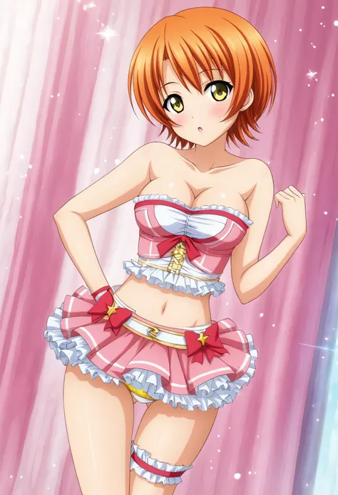 Masterpiece, best quality,Hoshizora rin, cowboy shot,solo ,yellow eyes, short hair, orange hair, looking_at_viewer, blush,mini skirt ,exposed white underwear,frills,pink tube top, cleavage , thigh strap 