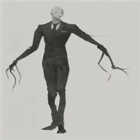 arafed image of a man in a suit and tie with a creepy face, scp-914, cardboard cutout of tentacles, creepy black figure standing, a creature 5 meters tall, slenderman zombie, full - body and head view, penumbral shadowcreature, the other a skeletal figure,...