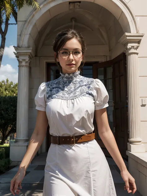 1girl, detailed face, glasses, cold and arrogant expressions, looking at viewer, short sleeve high neck ornate patterned ruffle blouse dress, gigantic breasts, delicate designer belt, hair updo, neo classical house architecture, white walls, exterior, clas...