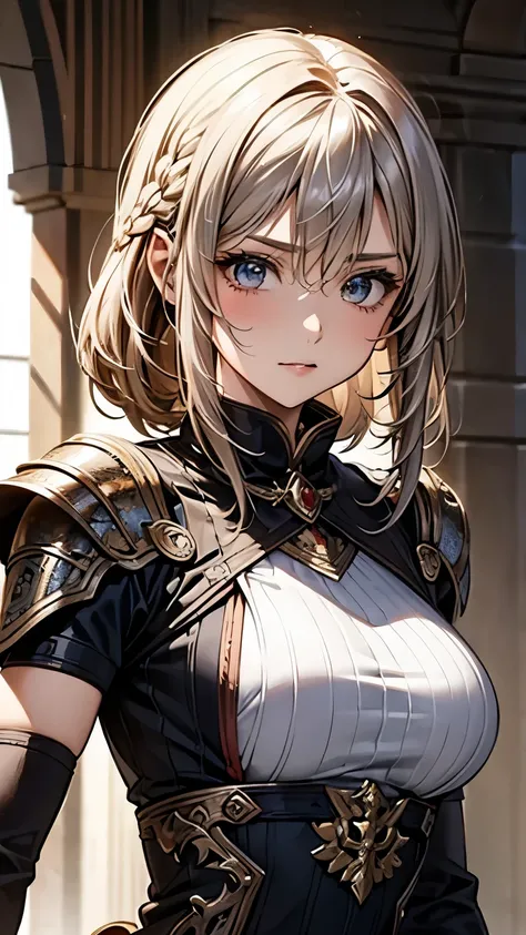 A 25-year-old female adventurer named Arianna Silverlace. She stands at 176cm tall with blonde, asymmetrical short hair, some of which is braided. Arianna is wearing intricate silver armor adorned with complex patterns, reflecting an ancient magical civili...