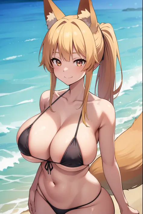 Animal earsの綿毛, Animal ears, Fox Ears, Fox Girl, Fox tail, Blonde, Ponytail Hair, tail, Micro Bikini, ((Big Tits:1.2)), smile, Blushing cheeks,  Tropical Beach, 
Looking at the audience, highest quality, High resolution, unity 8k wallpaper, Perfect lightin...