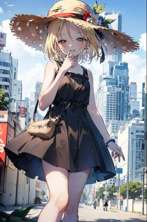 (annakyouyama, anna kyouyama, Blonde Hair, short hair, (Brown eyes:1.7),happy smile, smile, Open your mouth,Big straw hat,Black sleeveless dress,Long skirt,Cute Sandals,Daytime,Clear skies,Walking,
壊す looking at viewer, whole body,
Destroy outdoors, Buildi...