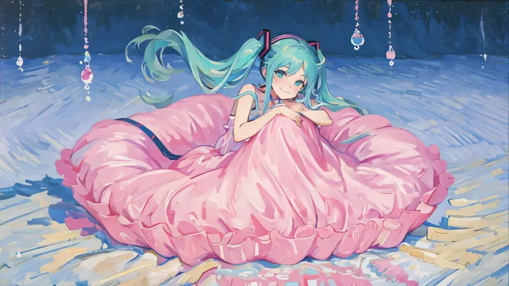 ((best quality)), ((masterpiece)), (detailed), perfect face, 1girl, hatsune miku, smiling, whimsical, triad color pallette, hugg...