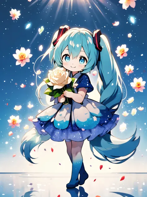 eye focus, masterpiece, highest quality, 1 girl, hatsune miku, holding a single white rose, petal, night background, fire fly, p...