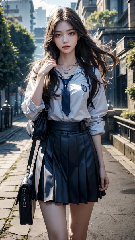 8K, UHD, masterpiece, 1 girl, good face, happy face, detailed eyes, very long hair, necklace, , blue uniform, skirt, tie, school bag, in the bridge, cloudy weather, realism, depth of field, 3d, unreal engine 5, ray tracing, flowing wind,