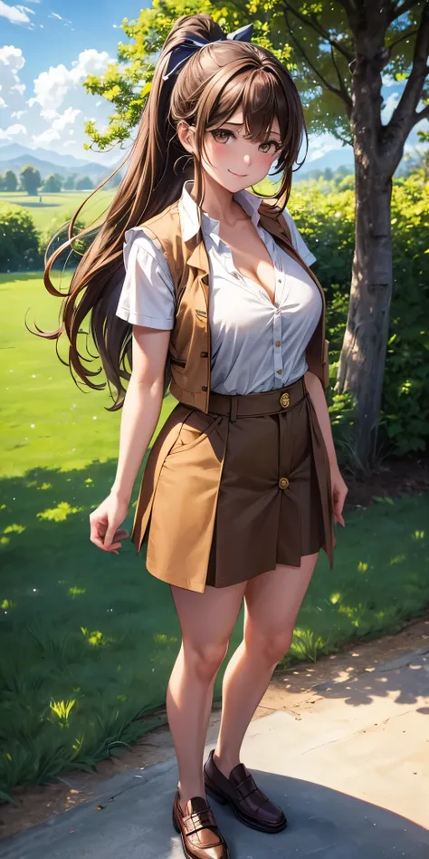 1girl, full body, solo, summer, village, trees, sun, clouds, ((brown hair)), long hair, ponytail, large breasts, ((brown vest)), button down shirt, ((white shirt)), ((short sleeved shirt)), ((unbuttoned shirt)), unbuttoning buttons, cleavage 1:3, brown eye...