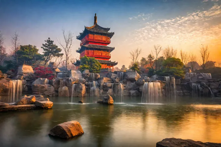 There is Fall in the middle of the pond,The background is the pagoda, ChinaLong exposure photography, Ancient Chinese Tower, Chinese Palace, Ancient city landscape,Fall, masterpiece, best quality, 超high resolution, (Reality:1.4), 1 reality photos, UHD 4k,...