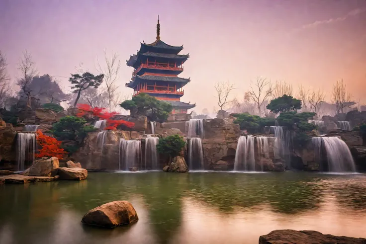 There is Fall in the middle of the pond，The background is the pagoda, ChinaLong exposure photography, Ancient Chinese Tower,  Chinese Palace, Ancient city landscape,Fall, masterpiece, best quality, 超high resolution, (Reality:1.4), 1 reality photos, UHD 4k,...