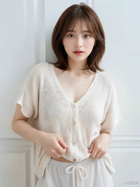 Light grey short sleeve dress、Put a cardigan over your shoulders、Tabletop、(White wall in the background)、In front of the white door、((highest quality、8k、masterpiece:1.3))、Ultra-high resolution、(photoGenuineistic:1.4)、RAW Photos、30-year-old woman、Japanese,(...