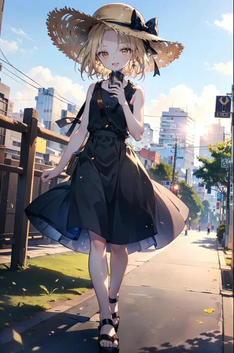 (annakyouyama, anna kyouyama, Blonde Hair, short hair, (Brown eyes:1.7),happy smile, smile, Open your mouth,Big straw hat,Black sleeveless dress,Long skirt,Cute Sandals,Daytime,Clear skies,Walking,
壊す looking at viewer, whole body,
Destroy outdoors, Buildi...
