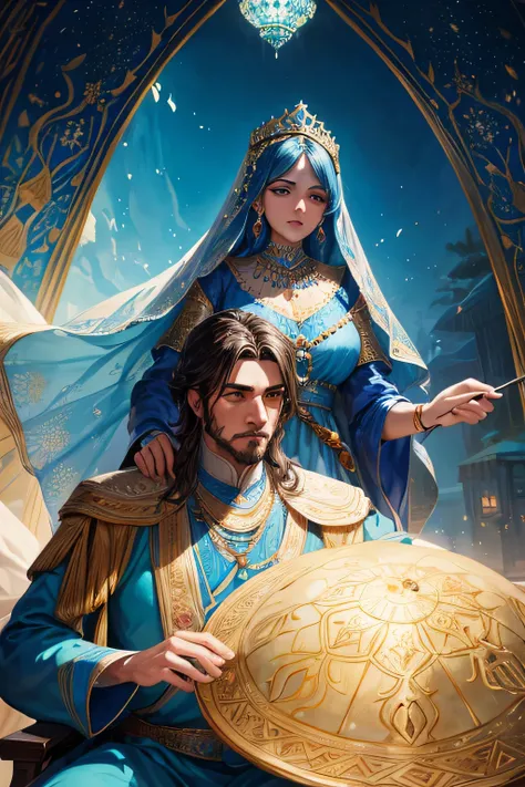 painting of a man in a crown and a woman in a blue dress, persian folklore illustration, by Kamāl ud-Dīn Behzād, inspired by Osman Hamdi Bey, painting of samarkand, persian princess, persian folktale artstyle, by Abdullah Gërguri, 1001 nights, arabian art