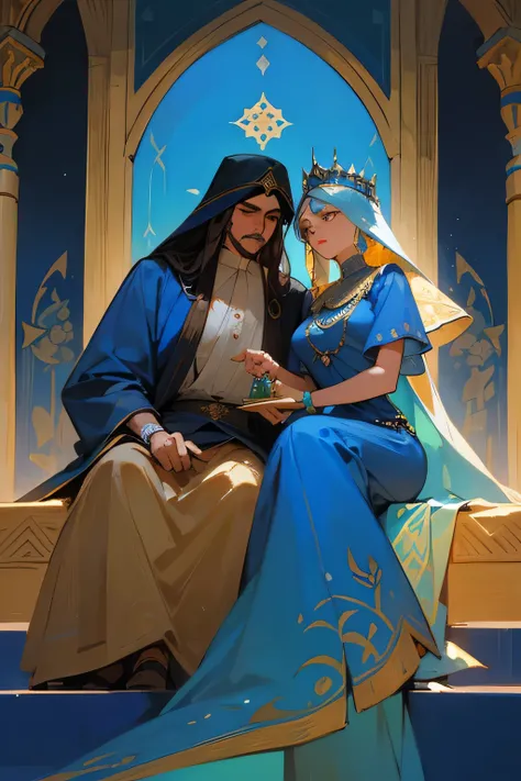 painting of a man in a crown and a woman in a blue dress, persian folklore illustration, by Kamāl ud-Dīn Behzād, inspired by Osman Hamdi Bey, painting of samarkand, persian princess, persian folktale artstyle, by Abdullah Gërguri, 1001 nights, arabian art