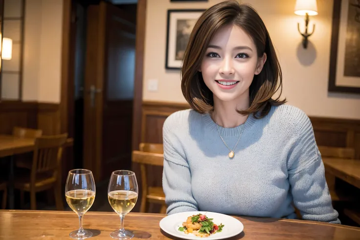 ((highest quality、8k、masterpiece:1.3))、1 male、1 woman who resembles Satomi Ishihara、Couple、Spouse、Couple、The body is slim、((Bob Hale、Straight hair:1.2)), (Realistic, Intricate details:1.2), Wine glass on the table、Put the light on your face、 Amazing view o...