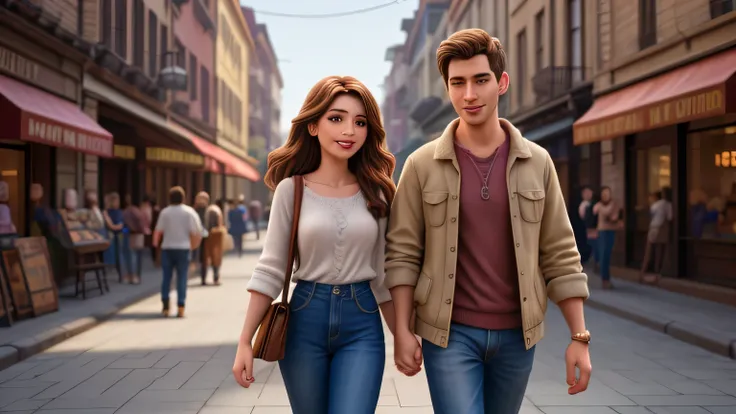 Disney Pixar, A beautiful young woman with long brown hair, round face, charming smile, and warm brown eyes, walking hand-in-hand with her handsome boyfriend down a lively, bustling street lined with colorful shops and boutiques, high-quality cinematic lig...