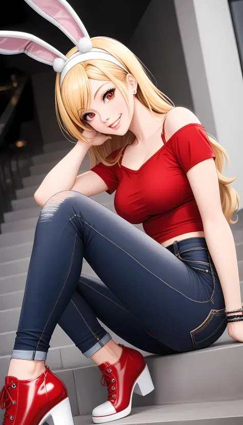 anime-style character image. she has blonde hair, red eyes, a bunny ears headband, a red top, black jeans, and fashionable footw...