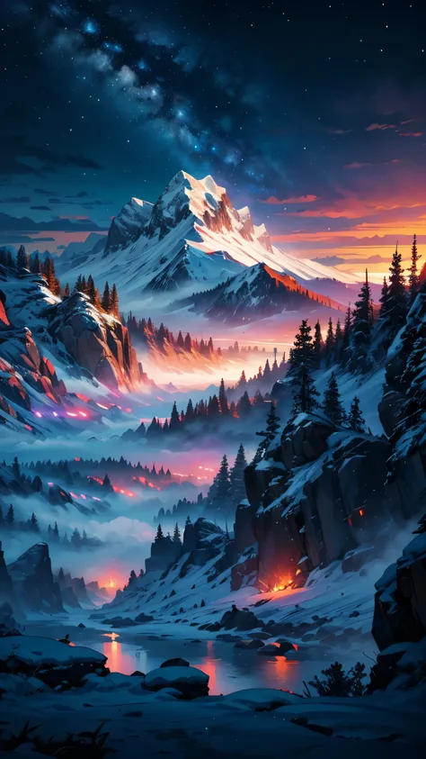 An amazing natural phenomenon in the night sky. Vibrant colors can light up dark skies. In the foreground, a snow-covered mountain can be seen, which adds to the beauty of this scene. Farther away from the beach, there are more mountains that appear blurry...