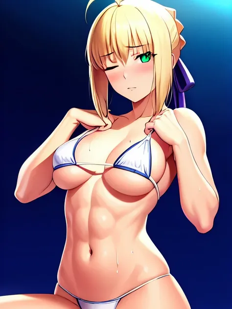 Best_quality, masterpiece, highres, detailed, detailed_background, ray_tracing_graphic, solo, adult_female, {saber_fatestaynightufotable:1.15}, blonde_hair, little_ahoge, detailed_green_eyes, blue_ribbon, 1girl, anime_coloring, detailed_face, ahegao, paine...