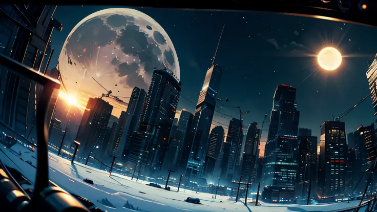 Fish-eye lens, high resolution,Masterpiece, 8k, Depth of Field, Complex Detail, (No People), Space, Movie Poster-Like, (Lots of Wires), Moon, Sun Flare, retrocar, snow, wide-angle lens, devastated city, Broken building