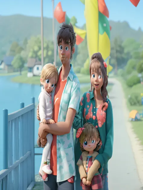 cartoon sibling parents with 2 toddlers and girl are camping activity in lake