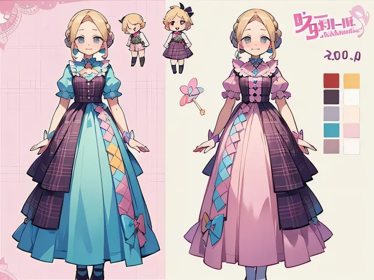 (character sheet:1.4),(concept art:1.4),(dakimakura)1.0,A world of pastel colors, enchanting chest, enchanting butt, upperbody, pastel blonde Milkmaid braid, big forehead,
candy make, sweets pattern very cute dress, pink, brown, white and pastel purple, pa...