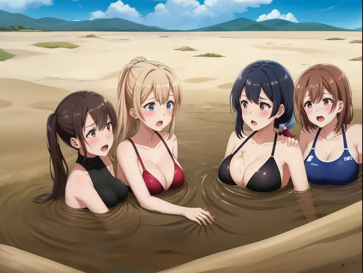 best quality, highly detailed, beautiful girls, female, (multiple girls), group submerged, standing, front view, muddy, large breasts, wasteland, desert, sinking, quicksand, 6girls, crowded, close up, sand, slender, tears, blush, drowning, wrapped by quick...