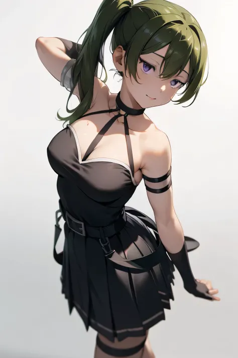 word:
ubel, medium hair, hair between eyes, green hair, side ponytail, (purple eyes:1.1),
skirt, gloves, dress, bare shoulders, pleated skirt, sleeveless, black gloves, elbow gloves, belt, miniskirt, black skirt, black footwear, (black dress:1.5), thigh st...