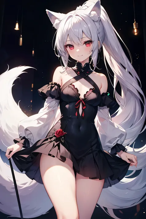 Silver Hair、Red Eye、Fox ears、girl、Small breasts、ponytail、girl、Small breasts、Lolita、Bright smile、Looks about 15 years old、Petan Musume、short、目のhighlight、Sexy thighs、She&#39;s wearing a sexy short-sleeved knitted cardigan、Your eyes are so beautiful、highlight