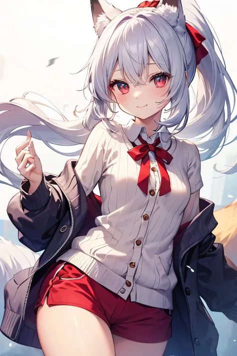 Silver Hair、Red Eye、Fox ears、girl、Small breasts、ponytail、girl、Small breasts、Lolita、Bright smile、Looks about 15 years old、Petan Musume、short、目のhighlight、Sexy thighs、Wearing a short-sleeved knitted cardigan、Your eyes are so beautiful、highlight