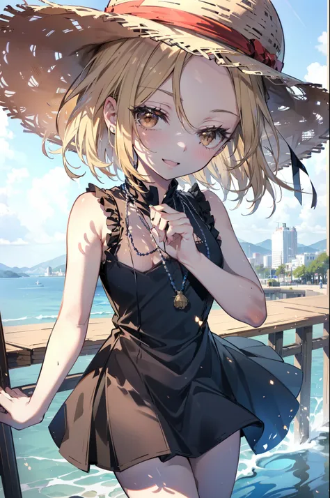 (annakyouyama, anna kyouyama, Blonde Hair, short hair, (Brown eyes:1.7),happy smile, smile, Open your mouth,Big straw hat,Black sleeveless dress,Long skirt,Cute Sandals,Daytime,Clear skies,Walking,
壊す looking at viewer, whole body,
Destroy outdoors, Buildi...