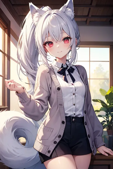 Silver Hair、Red Eye、Fox ears、girl、Small breasts、ponytail、girl、Small breasts、Lolita、Bright smile、Looks about 15 years old、Petan Musume、short、目のhighlight、Sexy thighs、Wearing a short-sleeved knitted cardigan、Your eyes are so beautiful、highlight