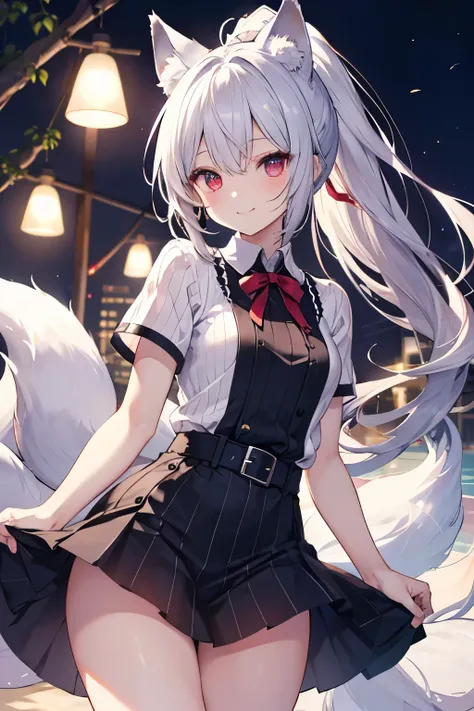 Silver Hair、Red Eye、Fox ears、girl、Small breasts、ponytail、girl、Small breasts、Lolita、Bright smile、Looks about 15 years old、Petan Musume、short、目のhighlight、Sexy thighs、Wearing a short-sleeved knitted shirt、Your eyes are so beautiful、highlight