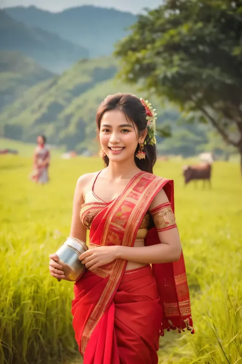 a beautiful Thailand woman, wearing a red india saree,flower in her ear,(walking,carrying a traditional milk jar) smile face, background is a beautiful grassfield,cows, mountain, ultra HD, super realistic, high detailed 