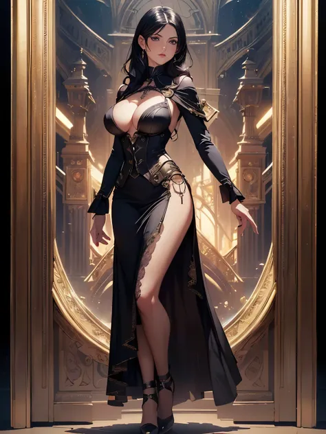 (best quality,4k,8k,highres,masterpiece:1.2),ultra-detailed,(full body shot,realistic,photorealistic,photo-realistic:1.37),illutration,mature woman in an elegant steampunk dress with elegant features,black hair,purple eyes, elegantdress,steampunk,sharp foc...