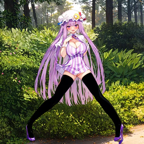 (solo), (Patchouli toho character:1.2), (standing at lakeside forest alone), outside, (standing with open legs wide:1.5), (arms behind back), swaying back, stretch legs, tiptoe, BREAK, (disproportionately gigantic huge breasts:1.3), cleavage, inconceivably...