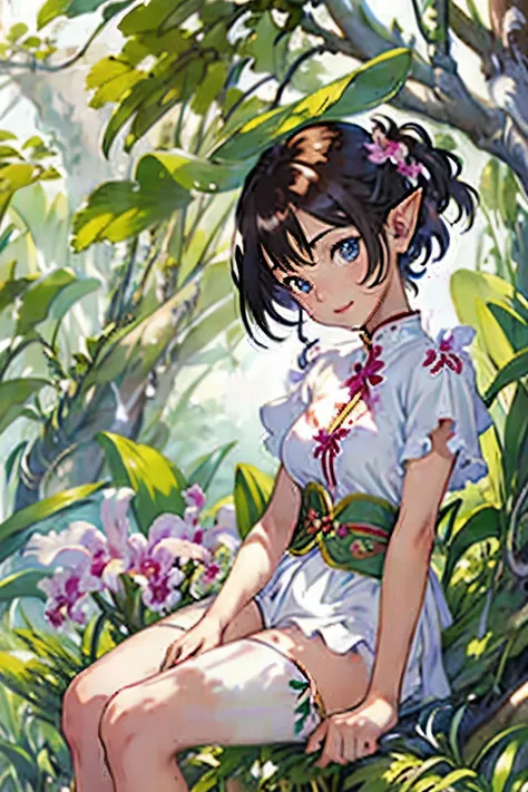 (highest quality、high resolution、masterpiece)、4k anime art、((cattleya, three flowers, close, whole body, full bloom, ))、(elf sit...