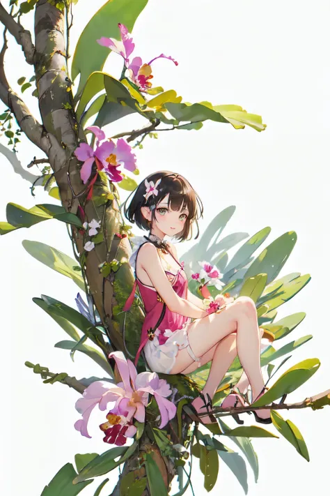 ((cattleya, three flowers, close, whole body, ))、(elf sitting on a tree branch、short hair、a kind smile、small breasts)、soft focus...