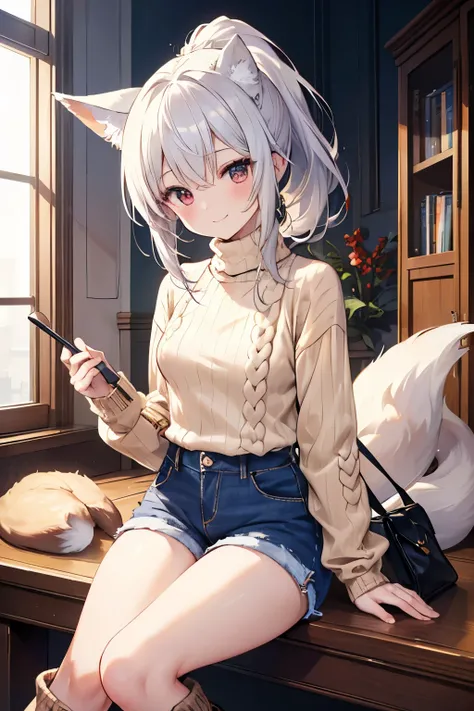 Silver Hair、Red Eye、Fox Ears、girl、Small breasts、ponytail、girl、Small breasts、Lolita、Bright smile、Looks about 15 years old、Petan Musume、short、目のhighlight、Sexy thighs、(Long knit sweater with beige high neck:1.4), ,(Blue jeans fabric shorts),(Black boots)、(Sma...