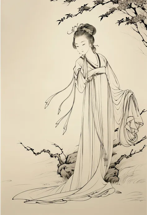 hanfu,line drawing,monochrome,masterpiece, best quality,