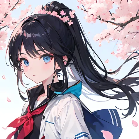 icon, anime girl, long hair, black hair, blue eyes, tied hair, ponytail, go flying in the wind, cherry trees, petals falling to ...