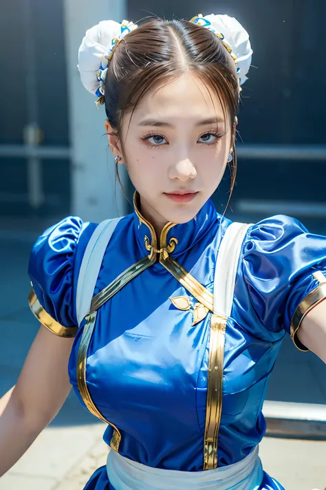 Chun-Li from Street Fight II,perfect chun li costume,Blue cheongsam with gold lines,Bun head,bun cover,fighting pose,masterpiece、1 beautiful girl、fine eyes、puffy eyes、highest quality, 超High resolution, (reality: 1.4), movie lighting、Japanese、asian beauty、K...