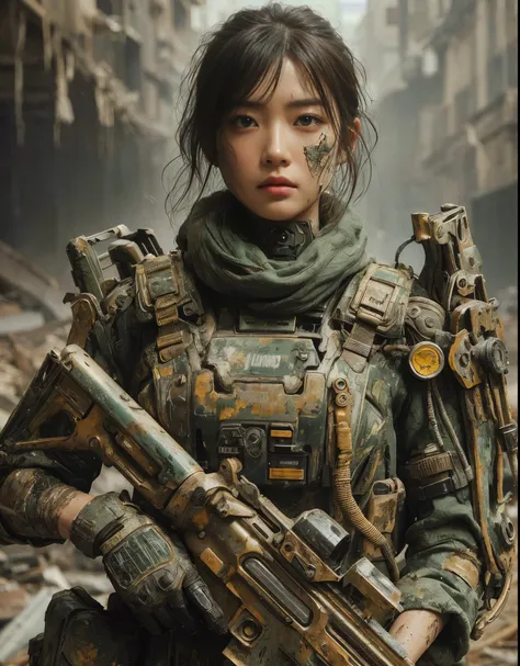 ８ｋ,Realistic Skin Texture、Superrealism、Realistic Photo、A futuristic Japanese female soldier stands amongst rubble、Damaged moss green metal armor、Skull mark painted on armor、Painting of the unit and identification number、Peeling paint、Oil stains、Energy Rifl...