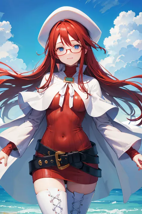 summonnightaty, aty, (young:1.3),long hair, blue eyes, red hair, big_berets, hat, glasses,
BREAK long hair, thighhighs, hat, dress, boots, glasses, belt, cape, sweater, zettai ryouiki, beret, thigh boots, white footwear, ribbed sweater, loose belt,solo,
BR...