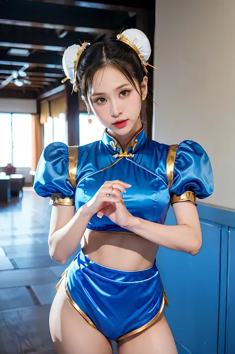 Chun-Li from Street Fight II,perfect chun li costume,Blue cheongsam with gold lines,Bun head,bun cover,fighting pose,masterpiece、1 beautiful girl、fine eyes、puffy eyes、highest quality, 超High resolution, (reality: 1.4), movie lighting、Japanese、asian beauty、K...